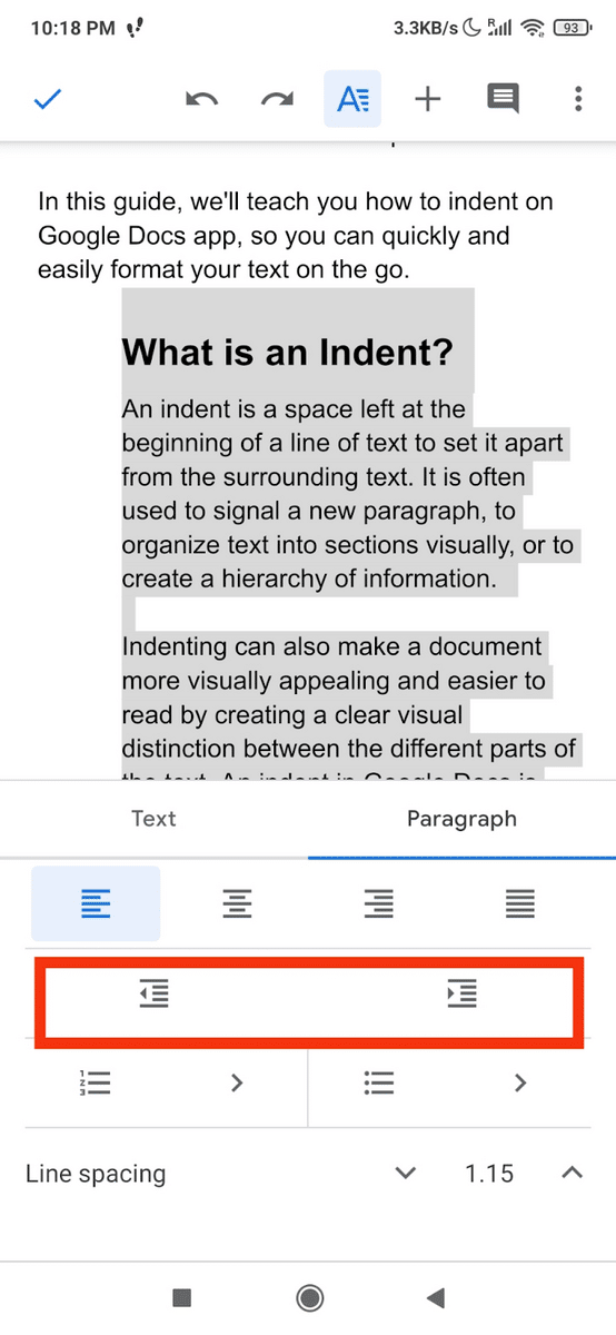 Indent on Google Docs App using Right and Left indent buttons