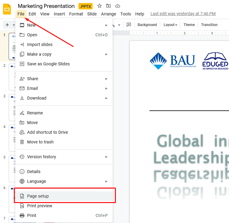 How to change slide size in Google Slides—Change Slide Size Using File > Page Setup