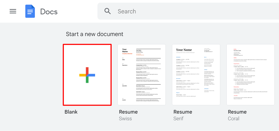 How to upload a document to Google Docs—Blank page button