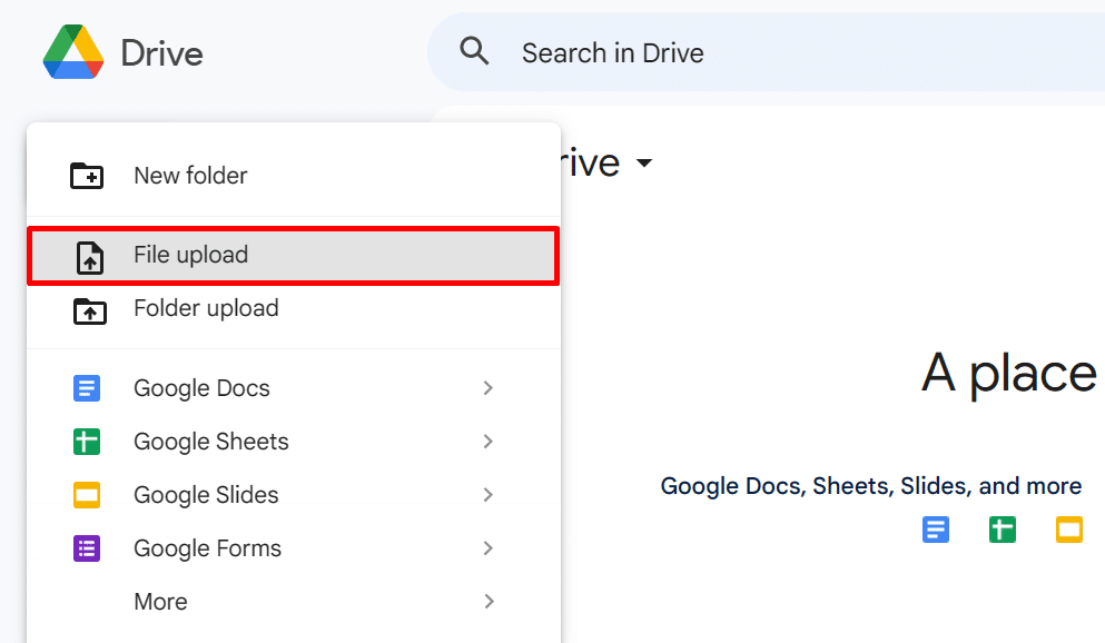 File upload button on Google Drive