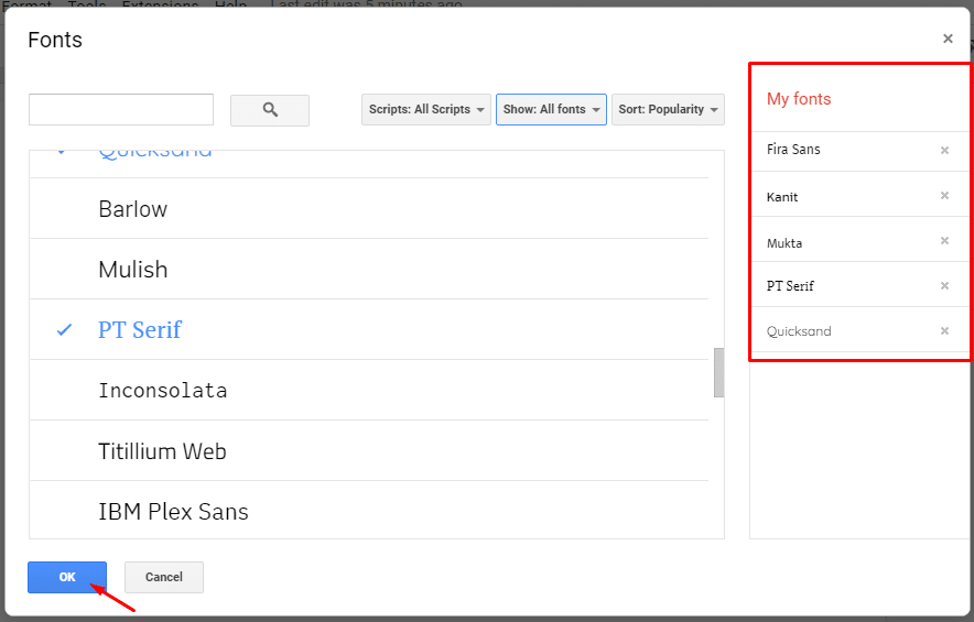 Selecting fonts in Google Docs