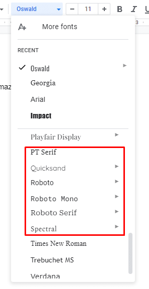 New fonts added in Google Docs menu