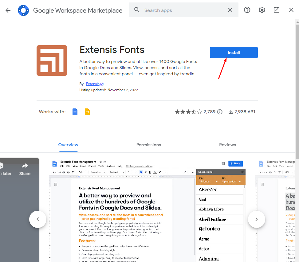 Extensis Fonts with Google Docs view