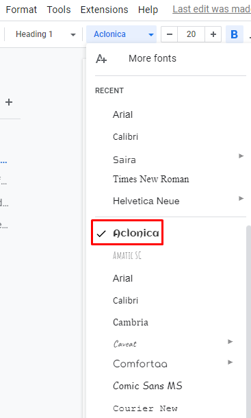 Aclonica font style in GDocs