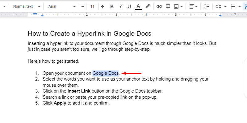 How to Hyperlink In Google Docs - highlight text you want to hyperlink