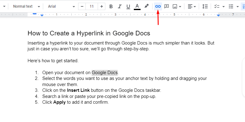 How to Hyperlink In Google Docs - Insert link icon