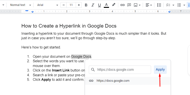 How to Hyperlink In Google Docs - Click Apply