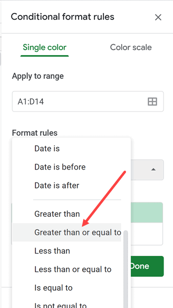 Select the Greater than or equal to