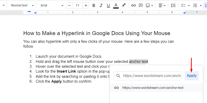 How to Hyperlink In Google Docs - Click Apply