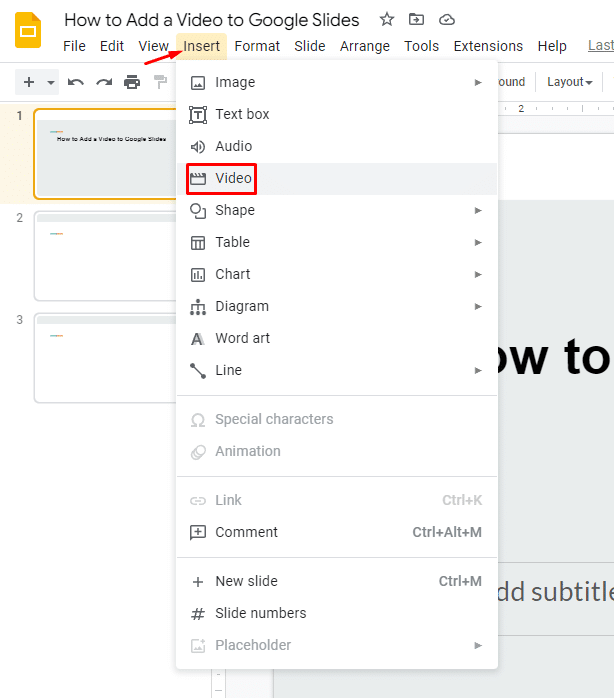 Location of insert option in Google Slides