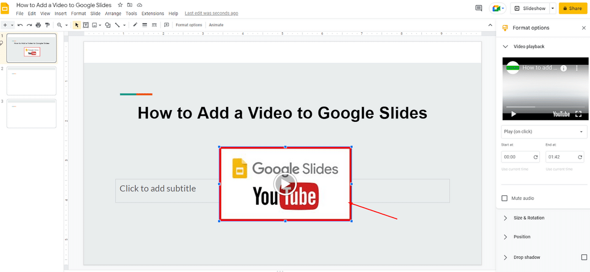 Screen after adding video to Google Slides