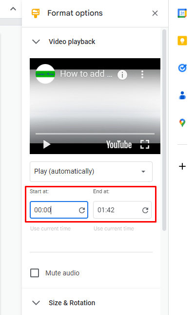 Video start and end times in Google Slides