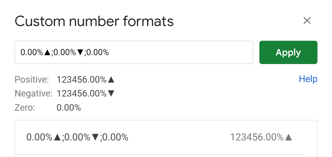 Custom number formats box with indicators