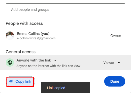 Copying share link in Google Drive