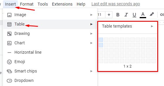 Click Insert, then click Table and choose the 1 x 2 format table.