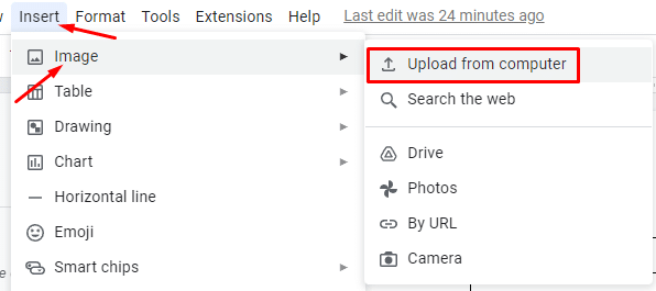 Click Insert > Images, then select Upload from computer.