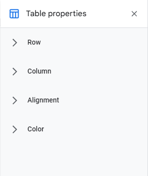 Table properties: Row, Column, Alignment, Color