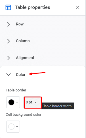 Set the Table border width to 0 pt