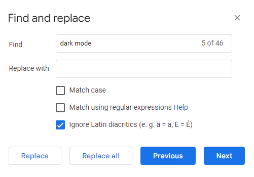 Google Docs find and replace advanced options