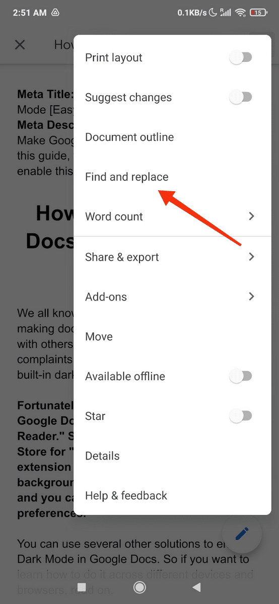 find and replace option GDocs mobile