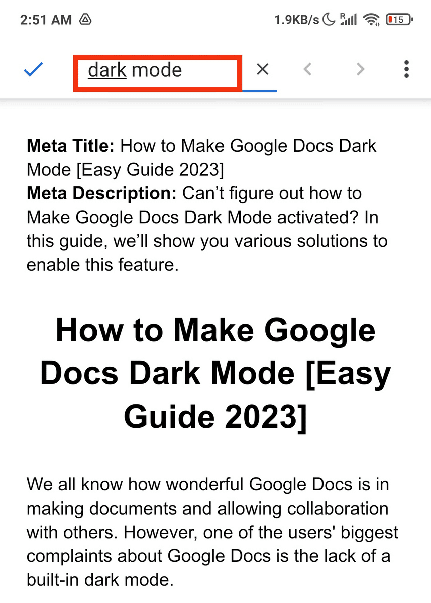 how to search for words on GDocs mobile