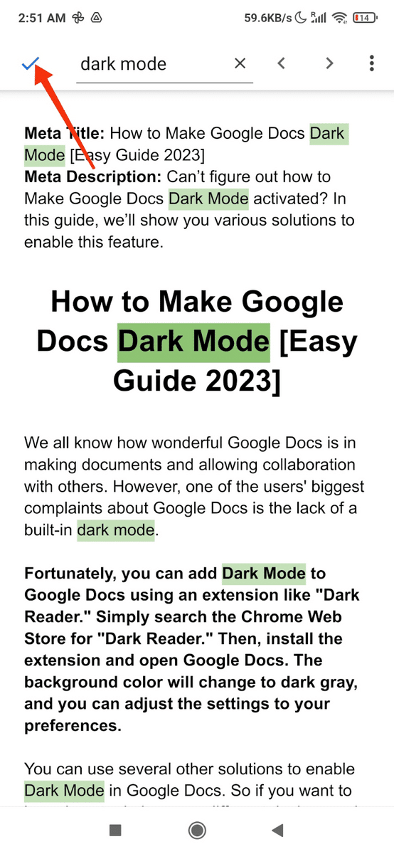 clicking checkmark GDocs word finder on mobile