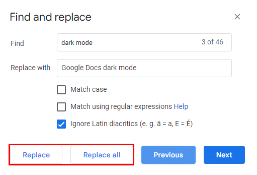 replace and replace all words Google Docs