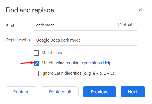 match using regular expression in Google Docs