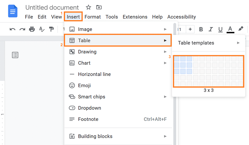 Insert table in Google Docs