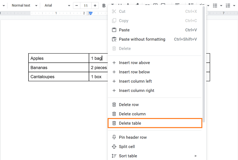 How to delete a table in Google Docs on a Windows PC