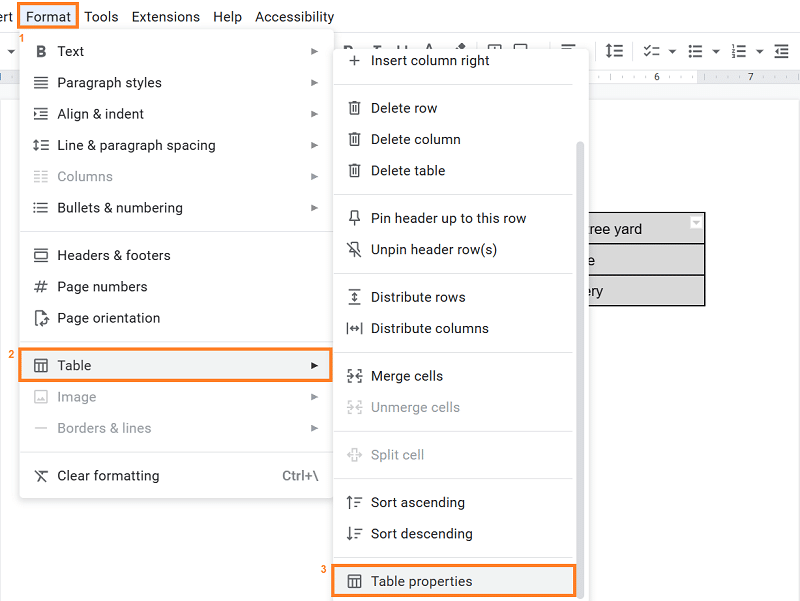 Google Docs > Table > Table Properties