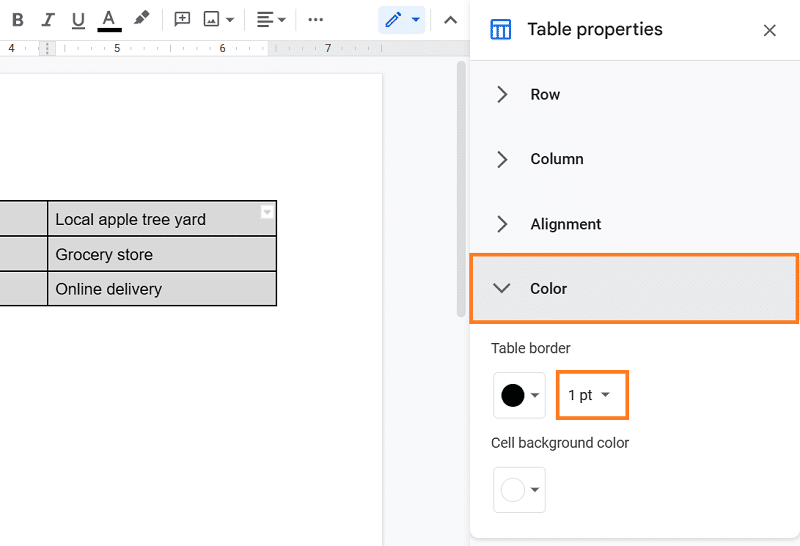 Changing table color in Google Docs