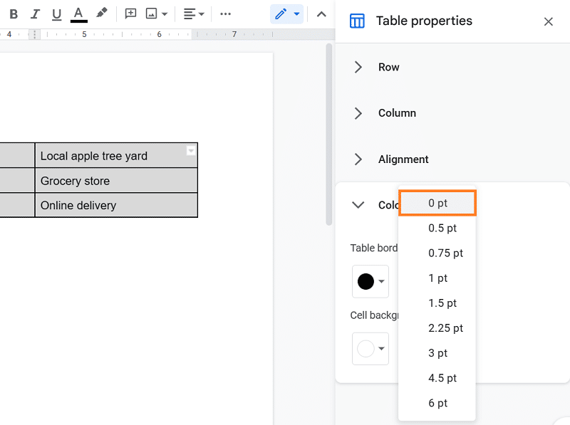 Removing table borders in Google Docs