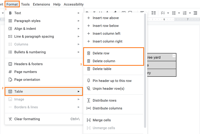 How to delete a column or row in Google Docs