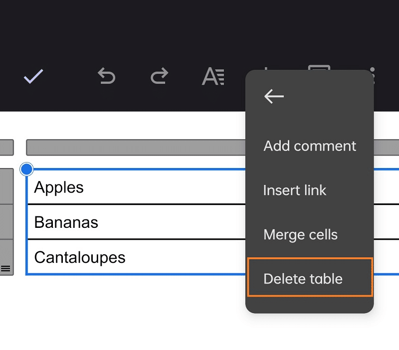 Delete a table in Google Docs on a mobile app