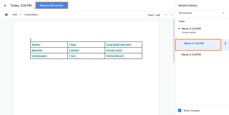 Restore previous versions in Google Docs