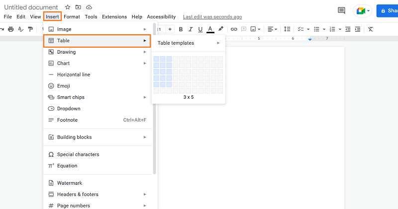 Insert table in Google Docs