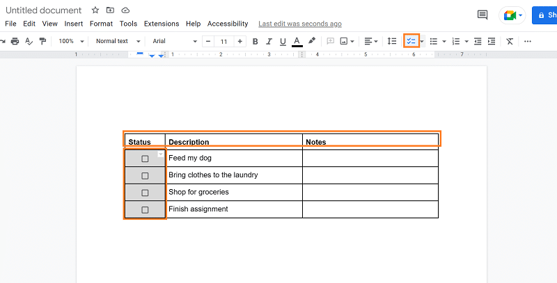 Insert checklist in column one using Google Docs