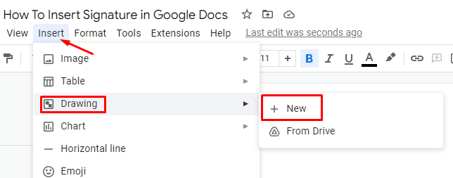 How to Insert Signature in Google Docs - insert > drawing > new