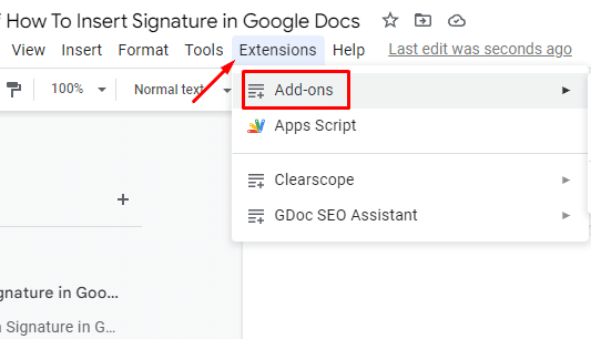 Google Docs - extensions > add-ons