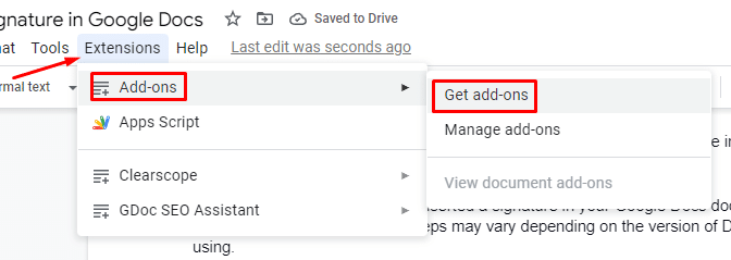 Google Docs - extensions > add-ons > get add-ons