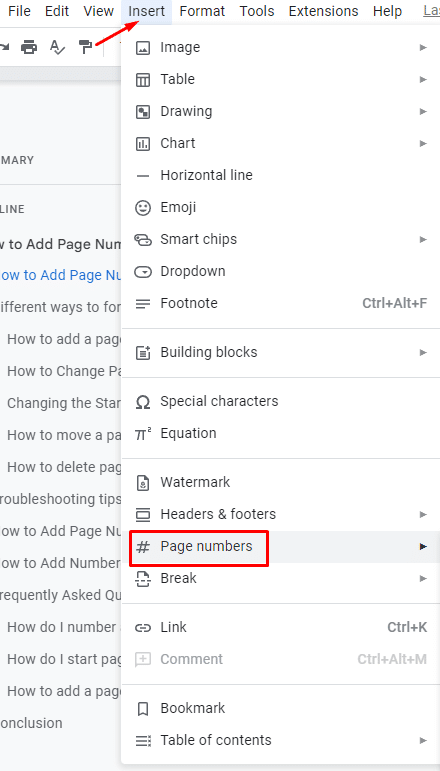 How to Add Page Numbers in Google Docs - click Insert > Page Numbers