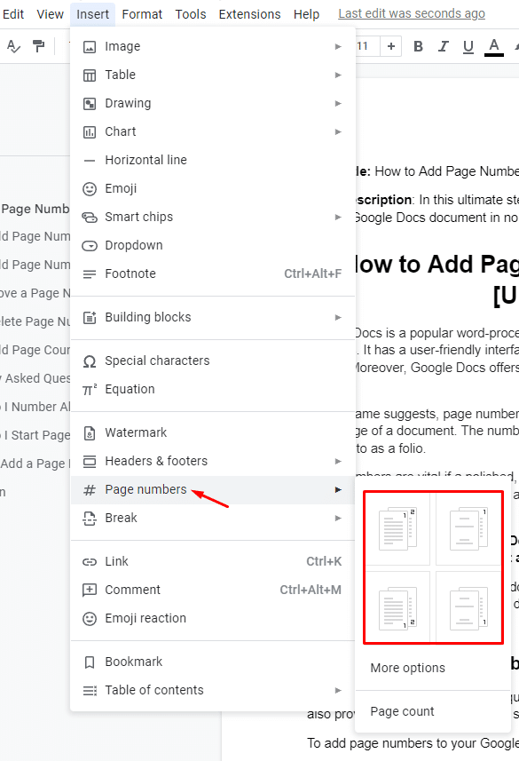 Select Page numbers and choose a format