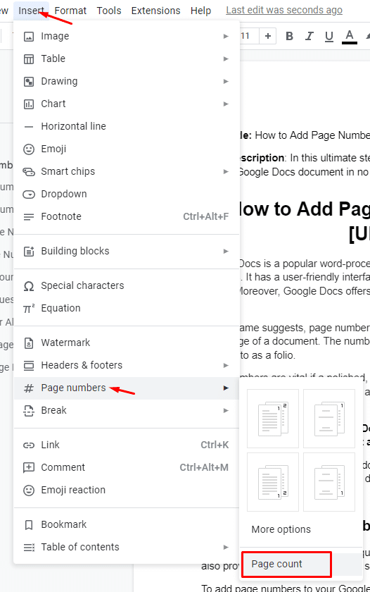 How to Add Page Numbers in Google Docs - click Insert > Page numbers > Page count