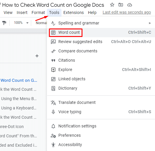 How to Check Word Count on Google Docs - tools > word count