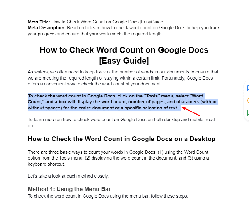 How to Check Word Count on Google Docs - highlight text