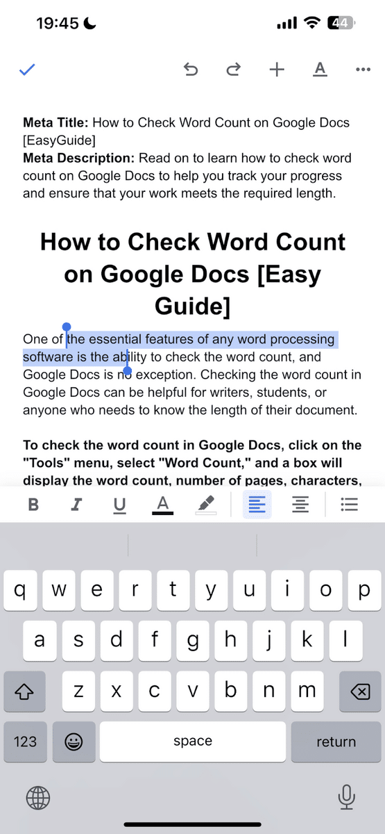 How to Check Word Count on Google Docs - highlight text Google Docs mobile