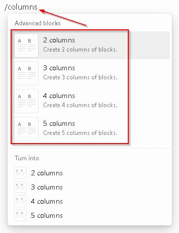 How to make columns in Notion—number of columns