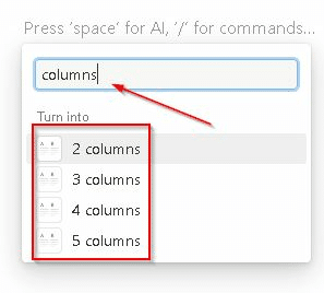 How to make columns in Notion—number of columns