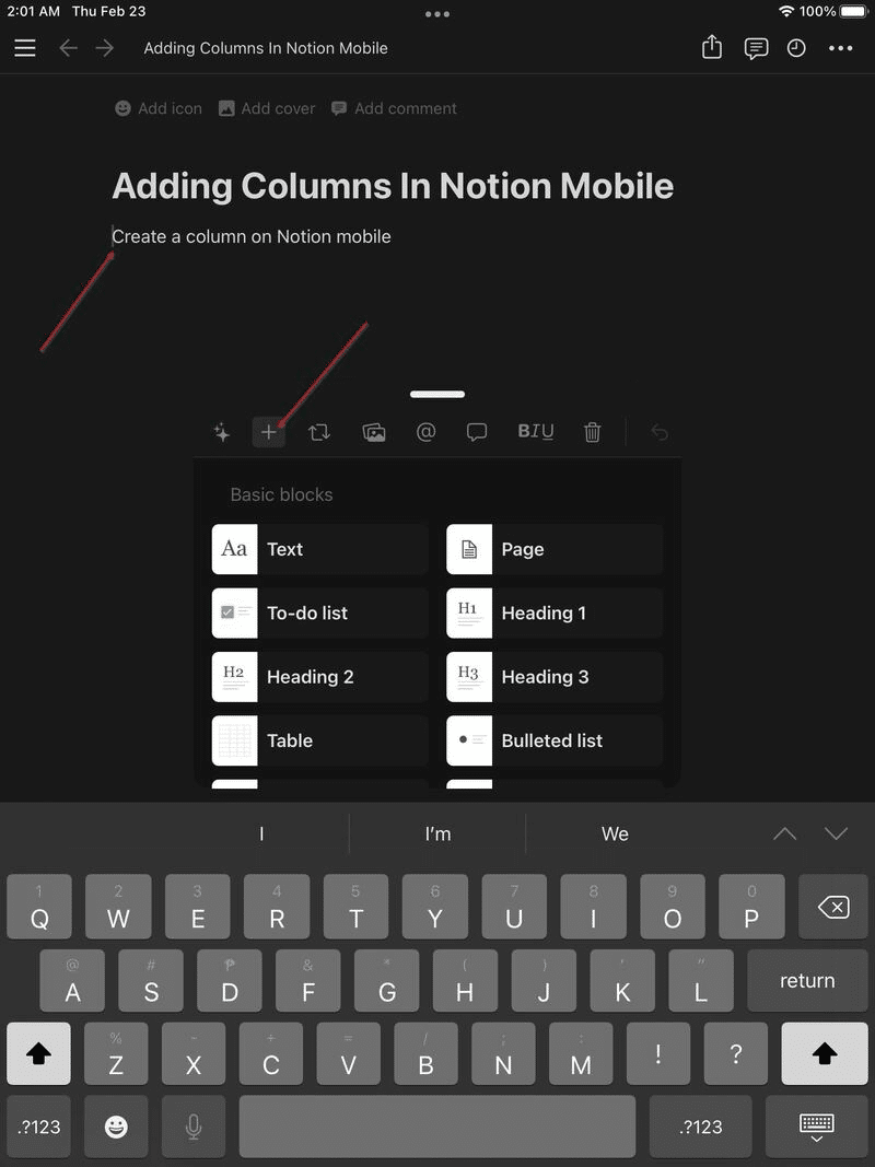 How to make columns in Notion—mobile version on Notion